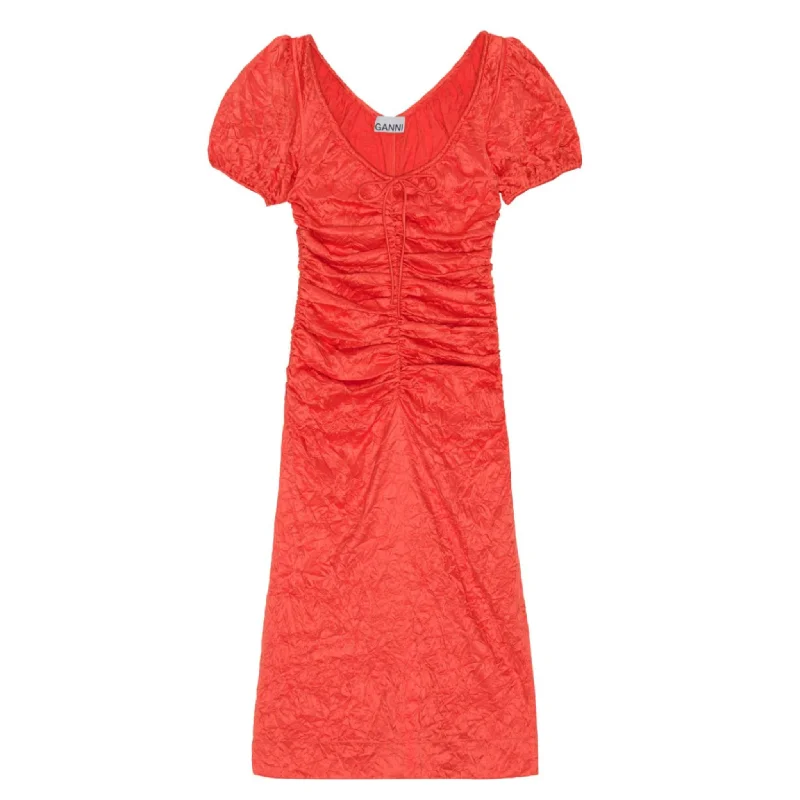 Effortless Style Crinkled Satin Gathered Midi Dress