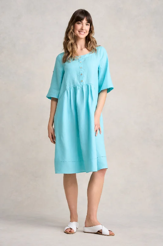 Bottom And Versatile Button Detail Linen Dress - Blue Lake