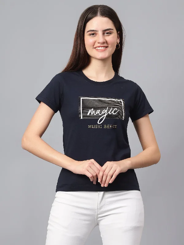 Soft Wearables Women's Casual Regular Short Sleeve Navy Blue Round neck Hi-density Print T-Shirt Soft Wearables Women's Casual Regular Short Sleeve Navy Blue Round neck Hi-density Print T-Shirt
