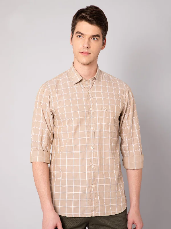 Relaxed Tops Men's Beige Casual Medium Checks Full Sleeve Shirt