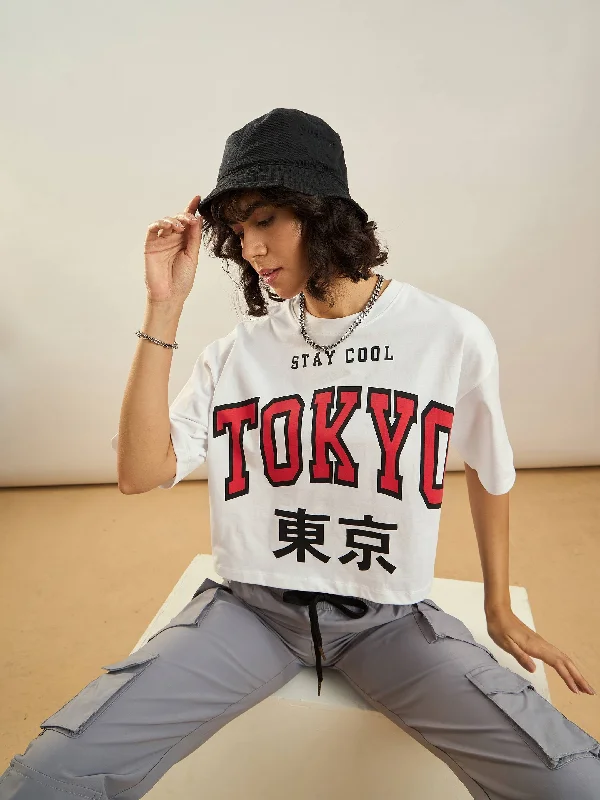 Fashion And Simplicity Women White TOKYO Printed Crop T-shirt