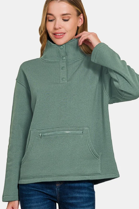 Girl Style Zenana Turtleneck Half Snap Fleece Sweatshirt