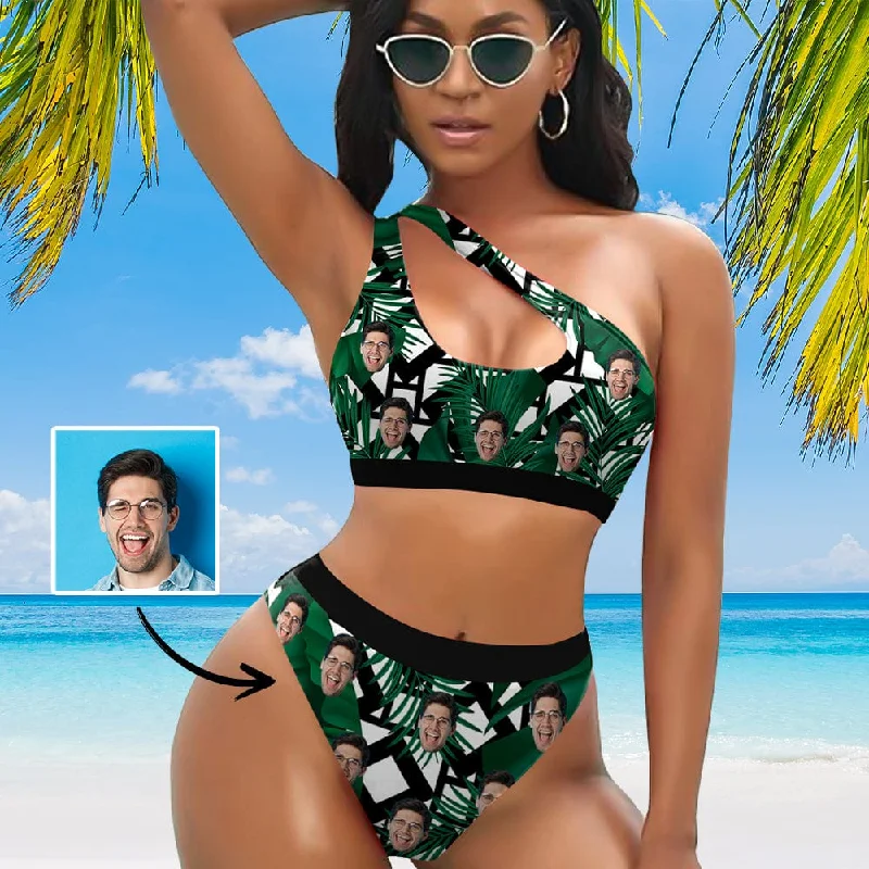 Romantic Data Custom Face Green Women's Off-Shoulder Bikini Set One Shoulder Cutout Bikini Set Two Piece Bathing Suit Romantic Data Custom Face Green Women's Off-Shoulder Bikini Set One Shoulder Cutout Bikini Set Two Piece Bathing Suit