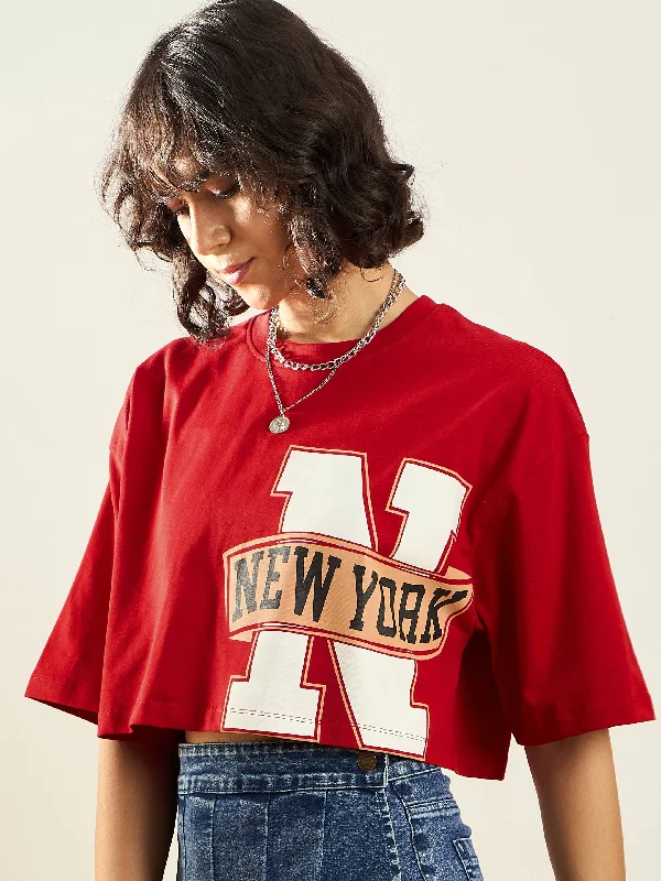 Easy Chic Women Red NEW YORK Printed Crop T-shirt