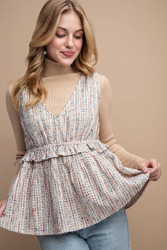 French Style Tweed & Ruffle Sleeveless Top