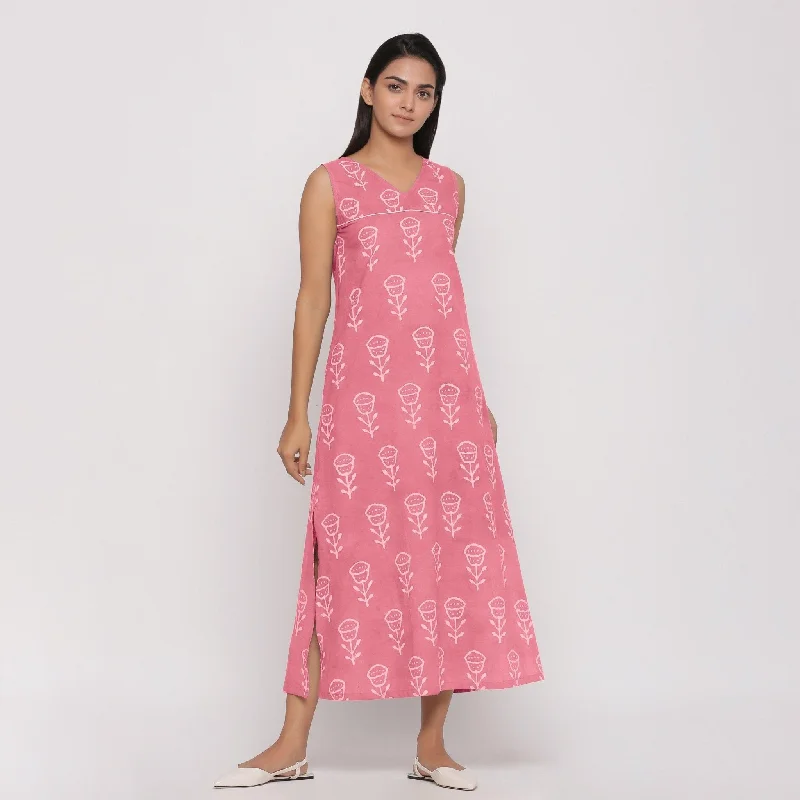 High-quality Styles Pink Floral Dabu Block Print Cotton Maxi Dress