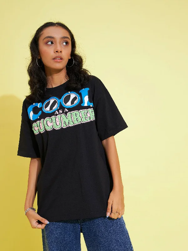 Fresh And Elegant Girls Black Cool Cucumber Oversized T-Shirt