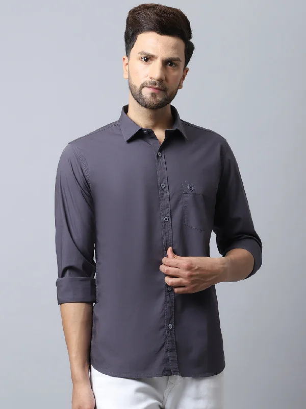 Cozy Outerwear Men's Dark Grey Casual Plain Stretch Full Sleeve Shirt