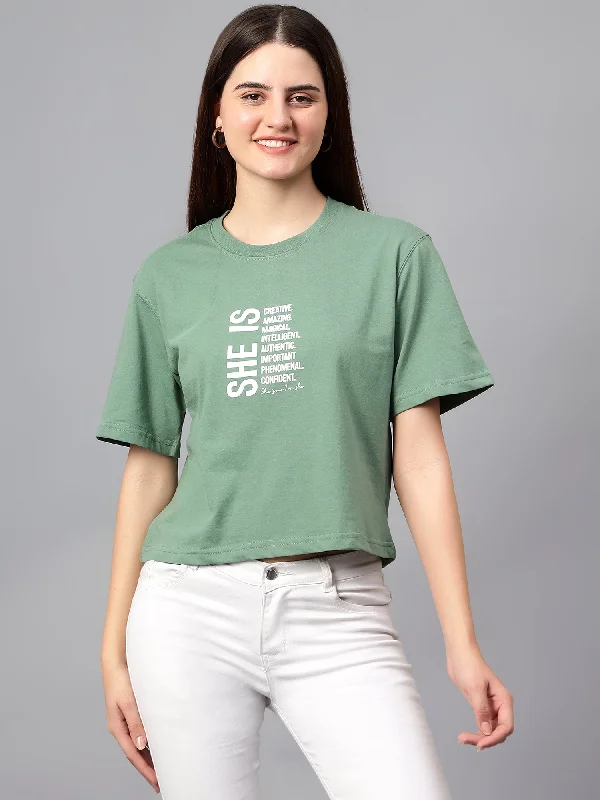 Slim Fit Women's Casual Regular Short Sleeve Sea Green Round neck Typographic Print T-Shirt Slim Fit Women's Casual Regular Short Sleeve Sea Green Round neck Typographic Print T-Shirt