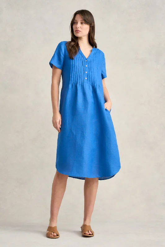Customized Version Pleated Front French Linen Dress - Indigo Blue