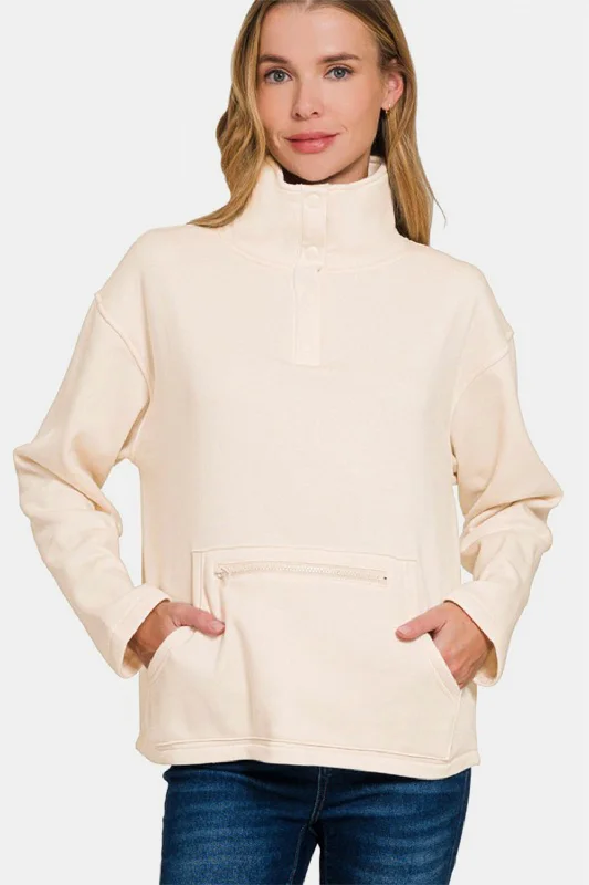 Slightly Flared Design Zenana Turtleneck Half Snap Fleece Sweatshirt