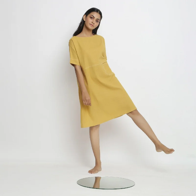 Casual Fit Wear Light Yellow Handspun Cotton Knee Length Yoked Dress