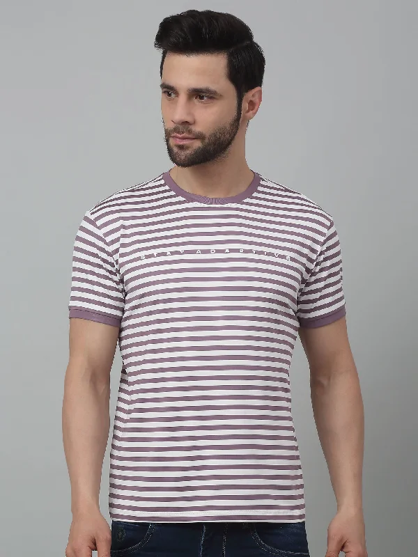 Exquisite Tailoring Men's Purple Stripe Round neck Half Sleeve T-Shirt with print