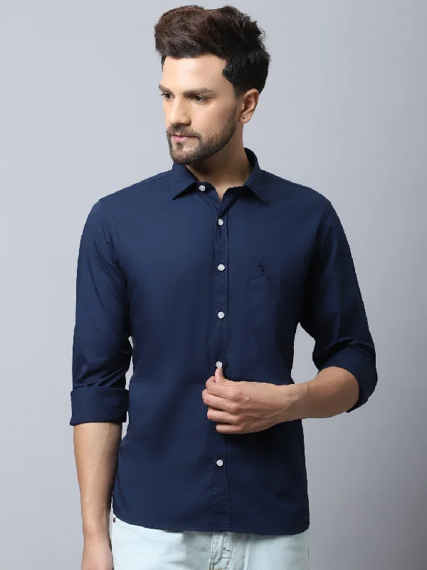 Elegant Wear Men's Navy Blue Casual Plain Stretch Full Sleeve Shirt
