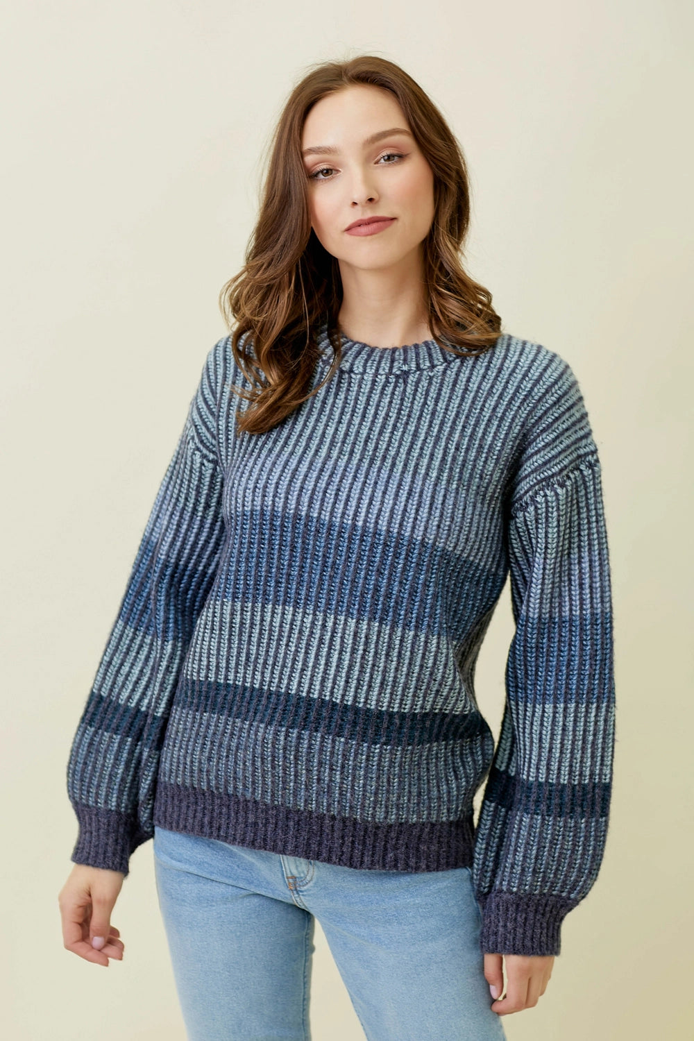 Fashionable Prints Puff Sleeve Color Blocked Sweater