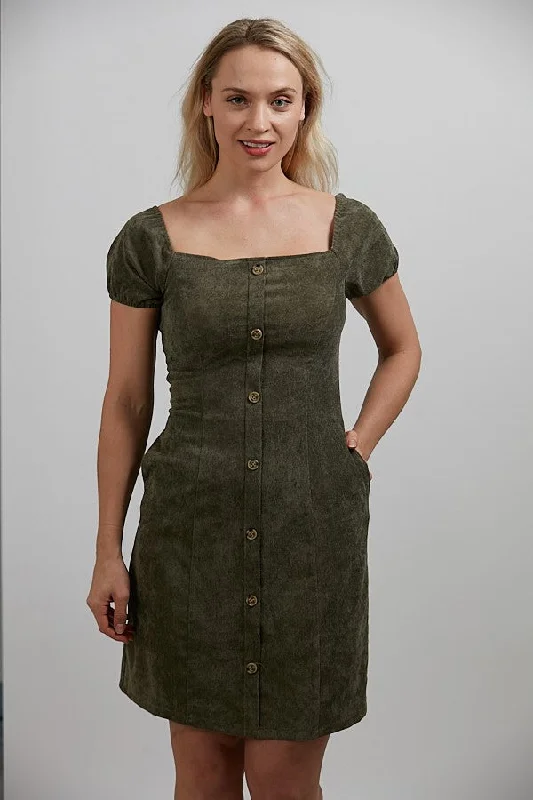 Luxe Comfort Wide Neck Green Corduroy Dress