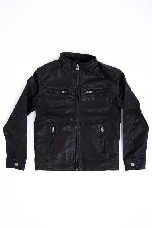 Effortless Style Youth Moto Faux Leather Jacket for Boys in Black | BXLJ58003-BLACK