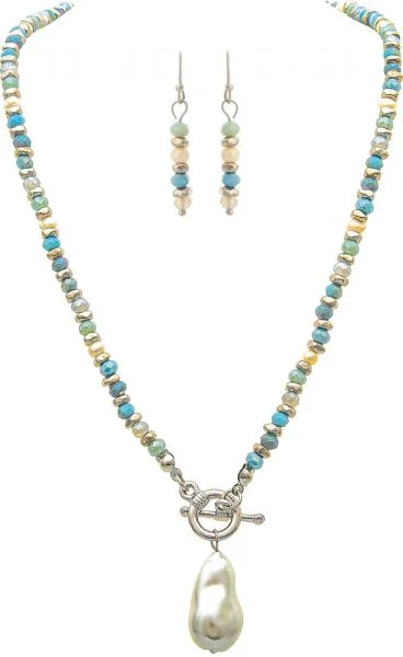 Sexy Fun Silver Blue Faux Pearl Toggle Necklace Set