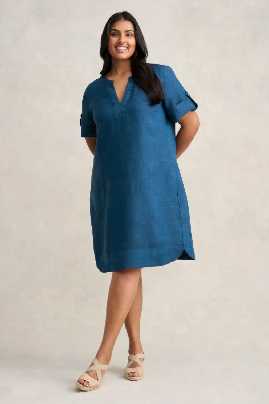 Cozy Pants French Linen Shift Dress - Navy Delave