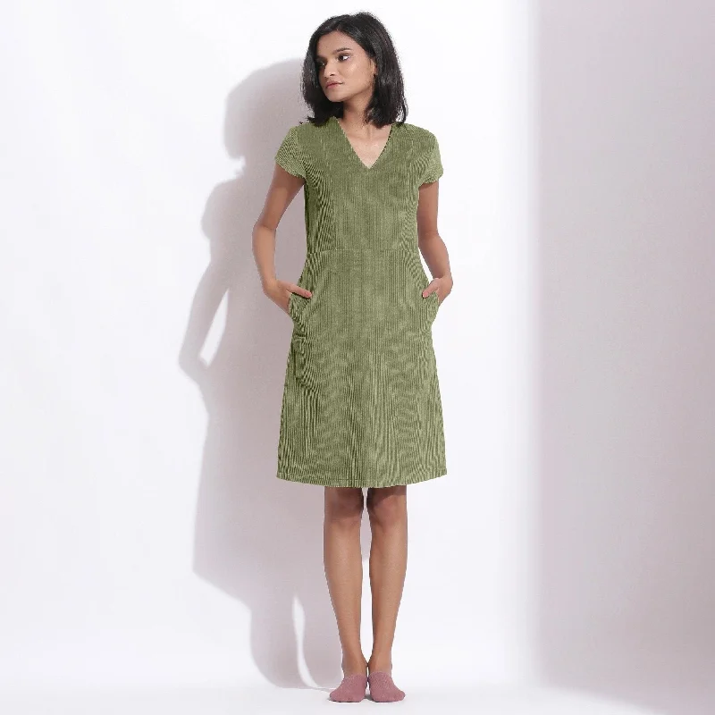 Playful Style Sage Green Warm Cotton Corduroy Knee Length Shift Dress