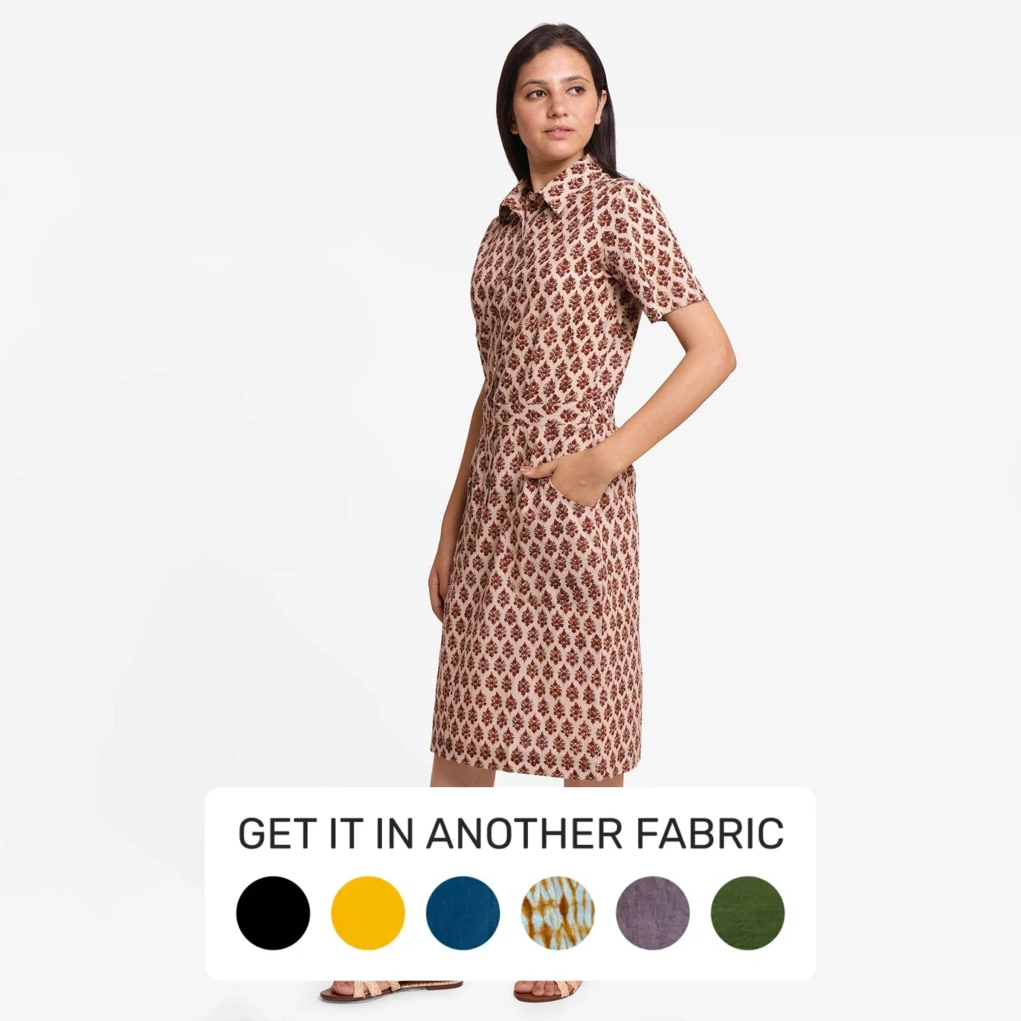 Cozy Essentials Wear Beige Block Printed Cotton Midi Shift Dress