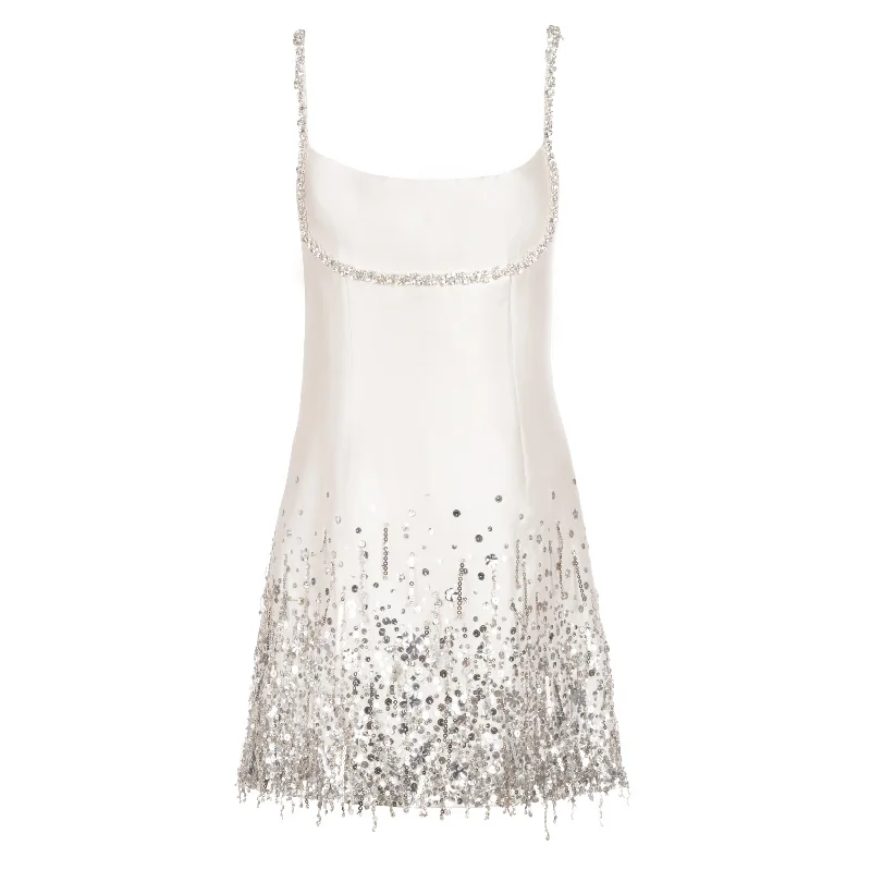 Luxe Comfort Stella Dress in Ivory Silk Wool with Silver Fringe