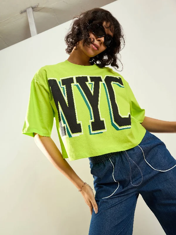 Soft Tops Women Neon Green NYC Printed Crop T-shirt
