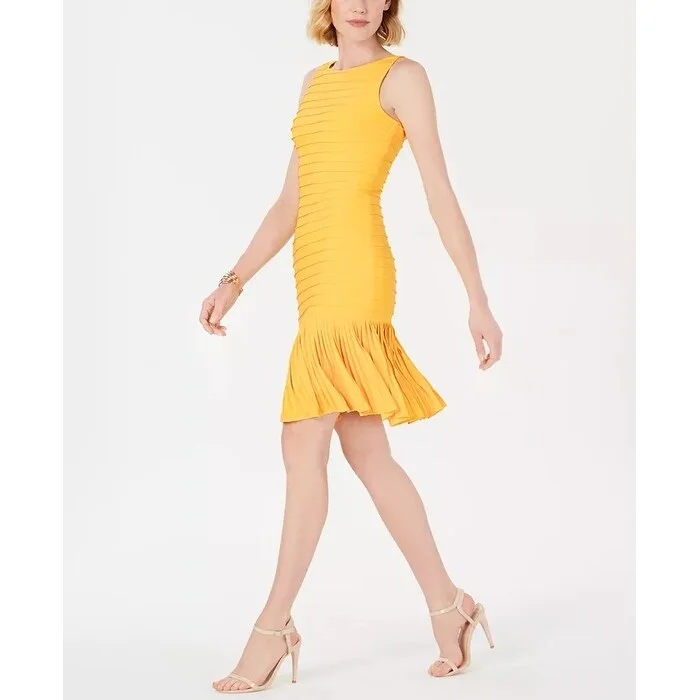 Carefree Adrianna Papell Women's Drop-Waist Pleated Dress Bright Yellow Size 16