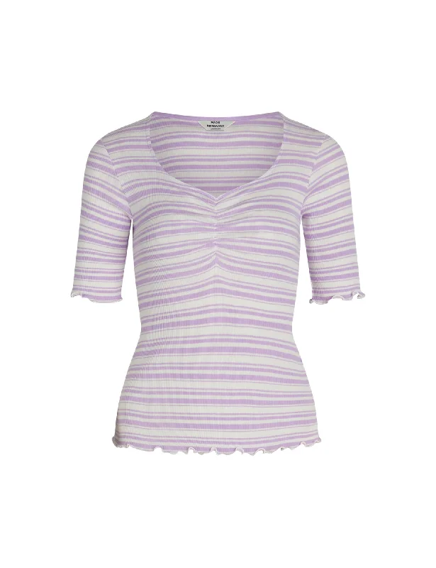 Soft Relaxation Wear 2x2 Cotton Stripe Tinna Tee,  White Alyssum / Lavendula