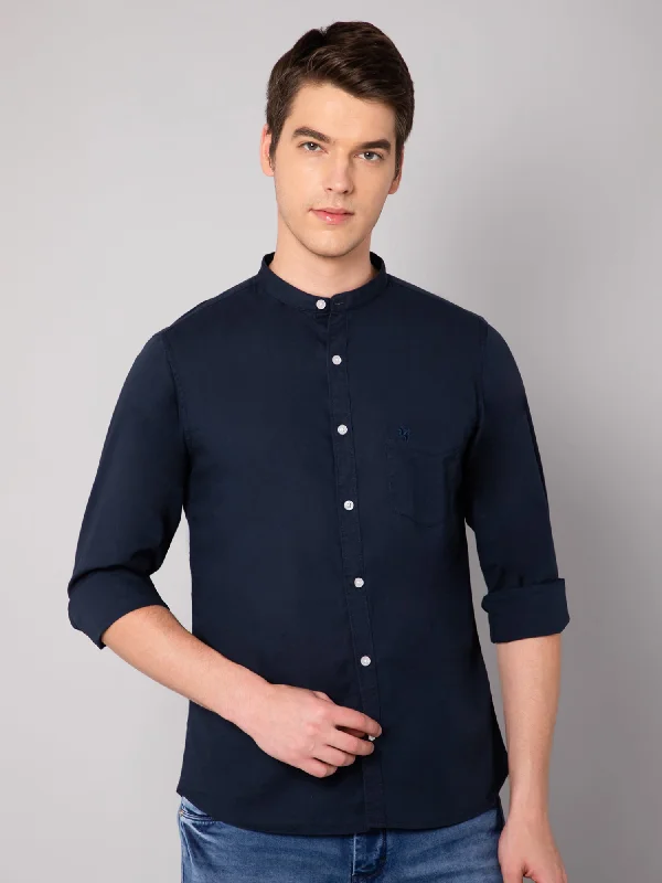 Breathable Style Men's Navy Blue Casual Plain Full Sleeve Shirt