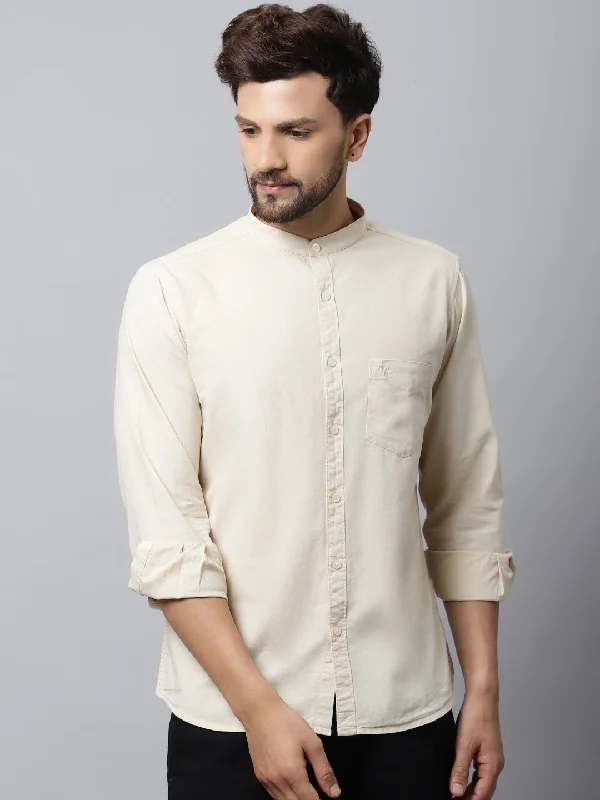 Comfortable Jeans Men's Beige Casual Plain Full Sleeve Shirt