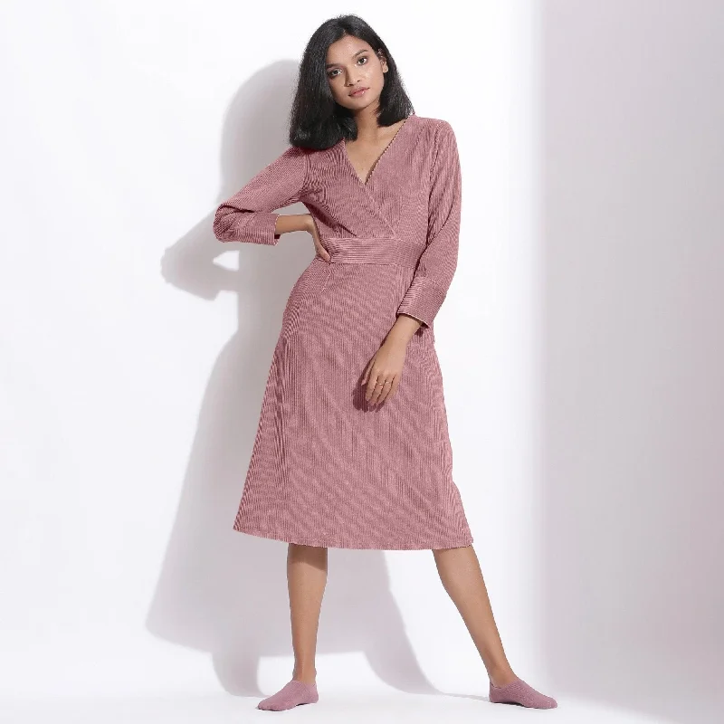Timeless Comfort Mauve Warm Cotton Corduroy Knee Length Surplice Dress