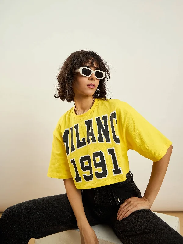 Comfortable Looks Women Yellow MILANO 1991 Printed Crop T-shirt