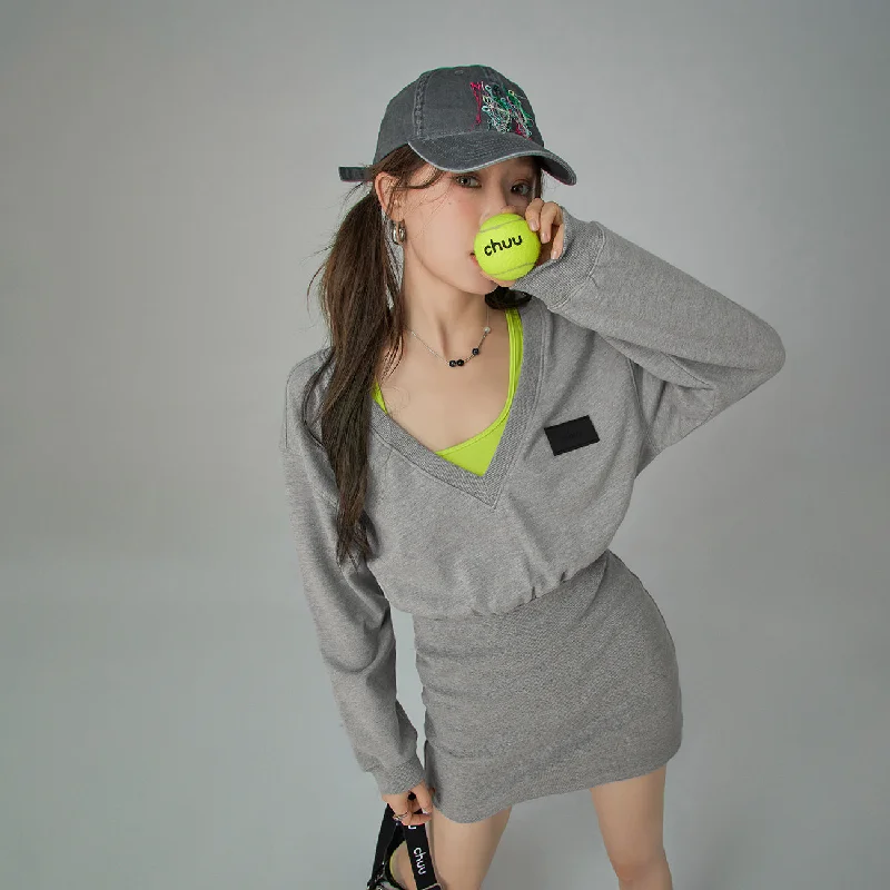 Simple Solid Color Sporty Girl Layered V-Neck Neck Dress