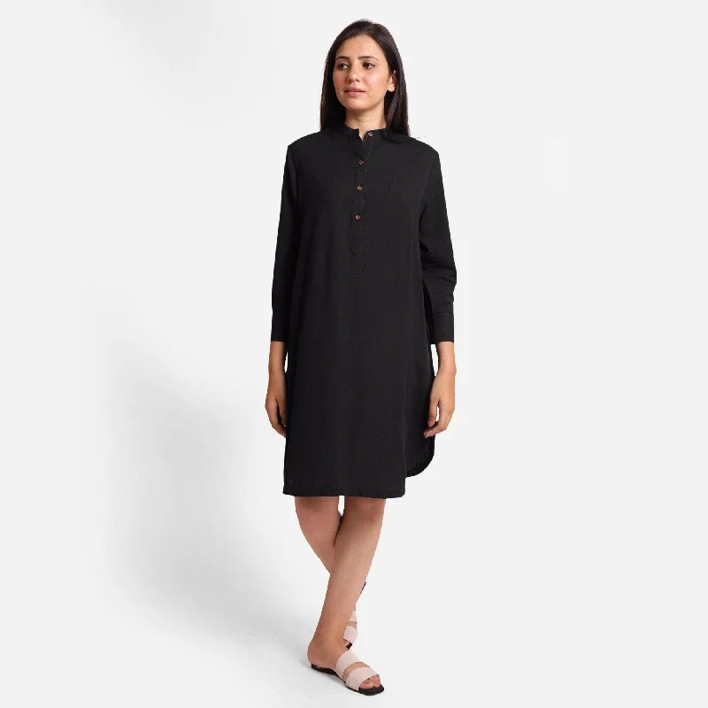 Fashionable Prints Black Cotton Flax Knee Length Shirt Dress