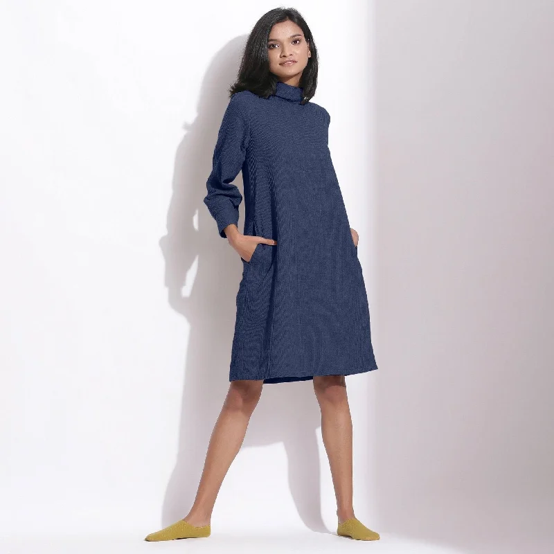 Fashion Selection Navy Blue Warm Cotton Waffle Knee Length Shift Dress