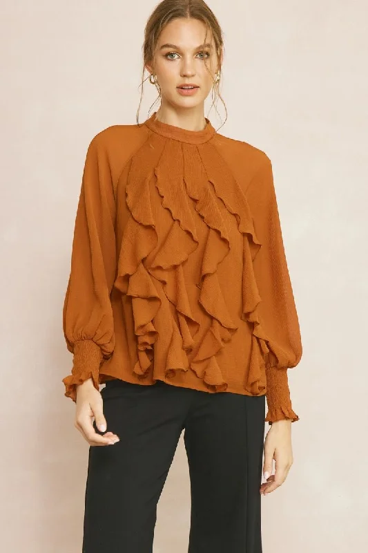 Unique Design Mock neck long sleeve top with ruffles