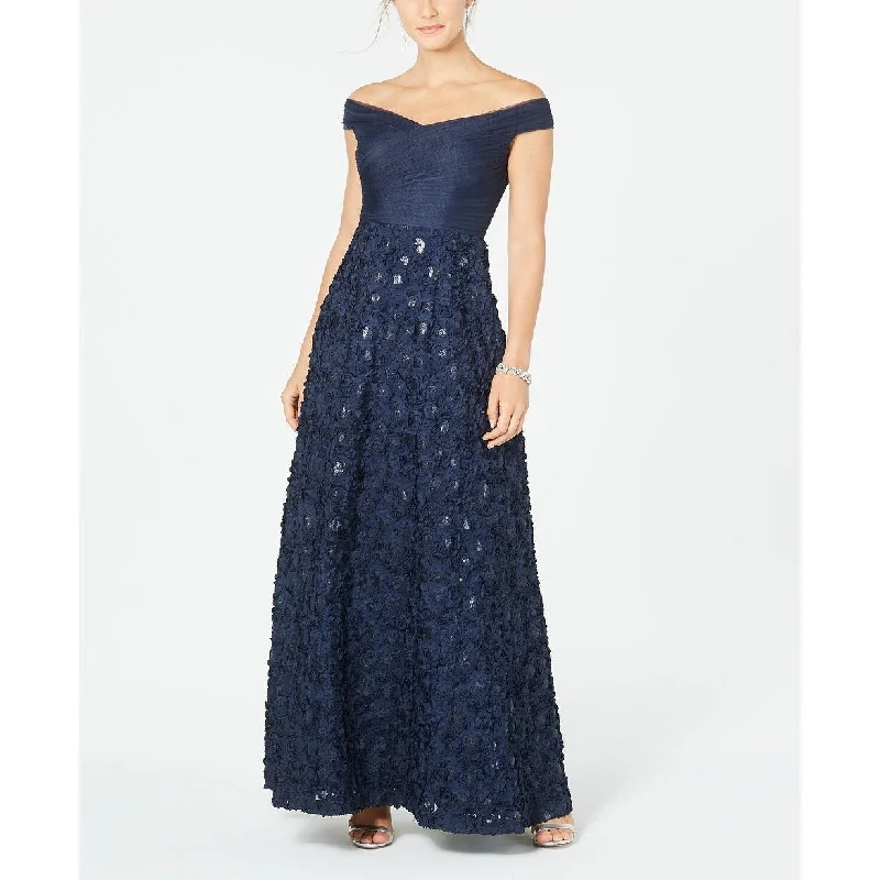 Party Wear Adrianna Papell Women's Off-The-Shoulder Floral Gown Navy Size 4