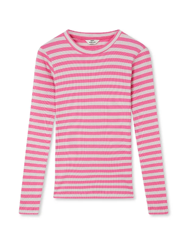 Designer Style 2x2 Cotton Stripe Tuba Tee LS, Carmine Rose/Quiet Gray