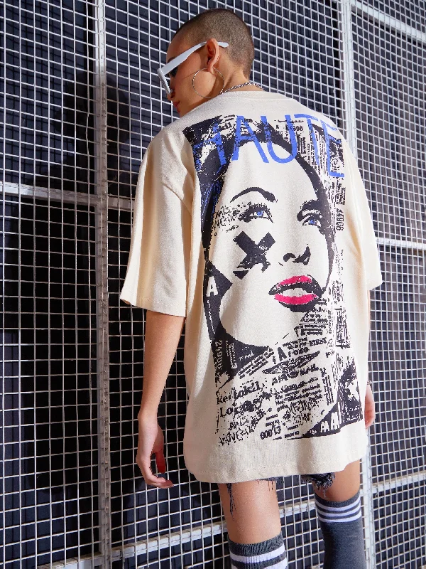 Fashion Style Women Beige HAUTE Printed Oversized T-Shirt