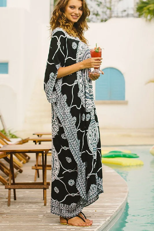 College Style SHU-SHI Women's Ethnic Mandala Kaftan: Loose Casual Maxi Beach Cover-Up Dress with Sequins