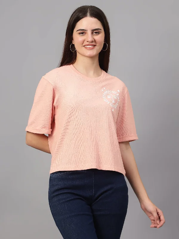 Comfy Chic Wear Women's Casual Regular Short Sleeve Peach Round neck Hi-density Print T-Shirt Comfy Chic Wear Women's Casual Regular Short Sleeve Peach Round neck Hi-density Print T-Shirt