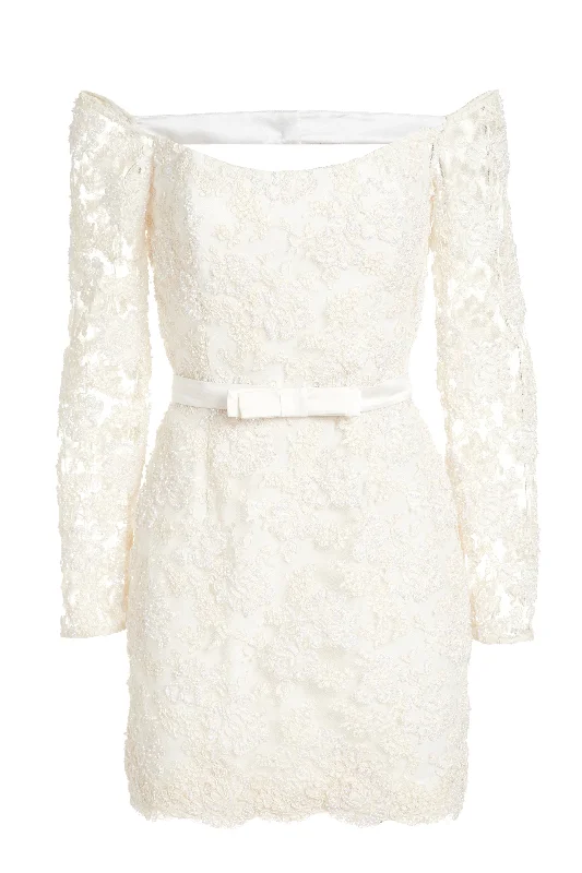 Trendy And Casual Evangeline Pearl Beaded Off the Shoulder Long Sleeve Mini Dress