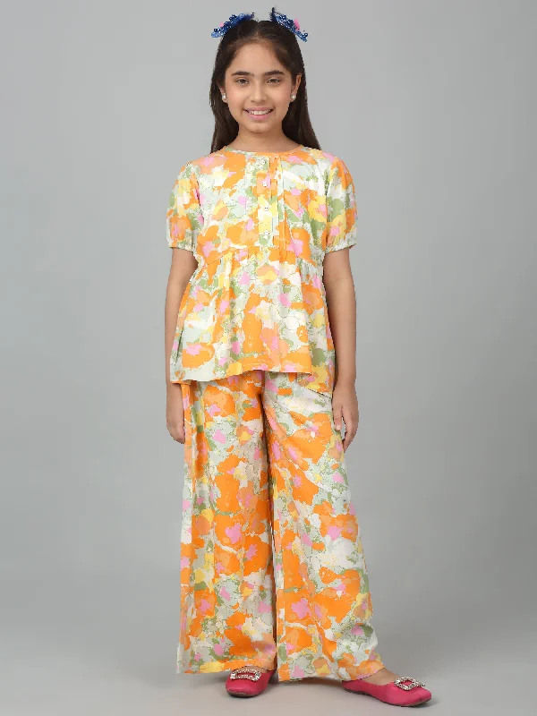 Chic Outfits Girl's Orange Printed Co-Ord Set