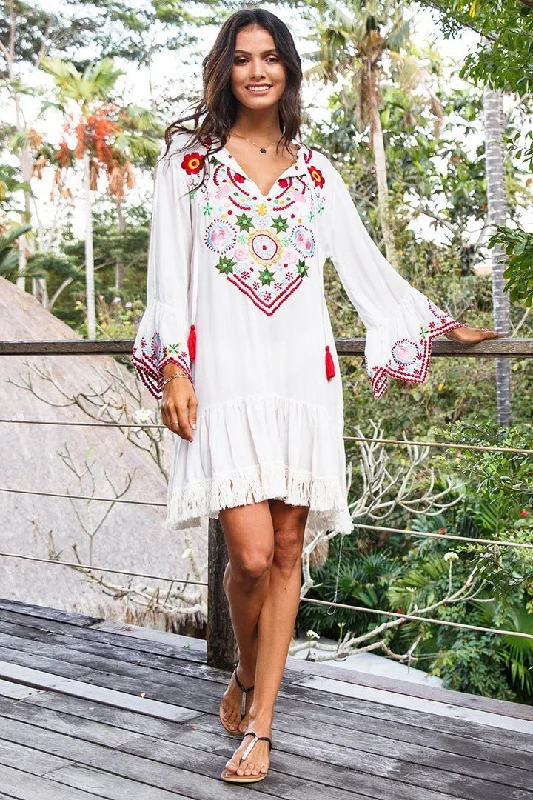 Cozy Lifestyle SHU-SHI Women's Bohemian Embroidered Tunic Dress - Bell Sleeve Swimsuit Cover-Up & Casual Short Shift Dress
