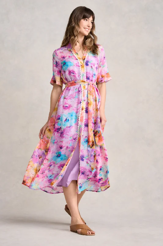 French Retro Spliced Print Shirt Dress