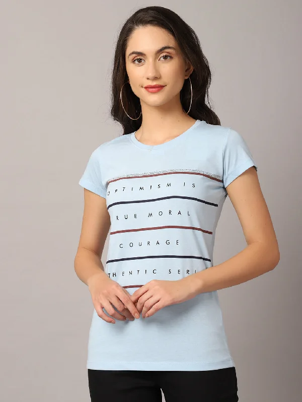 Trendy And Casual Women's Casual Regular Short Sleeve Sky Blue Round neck Typographic Print T-Shirt