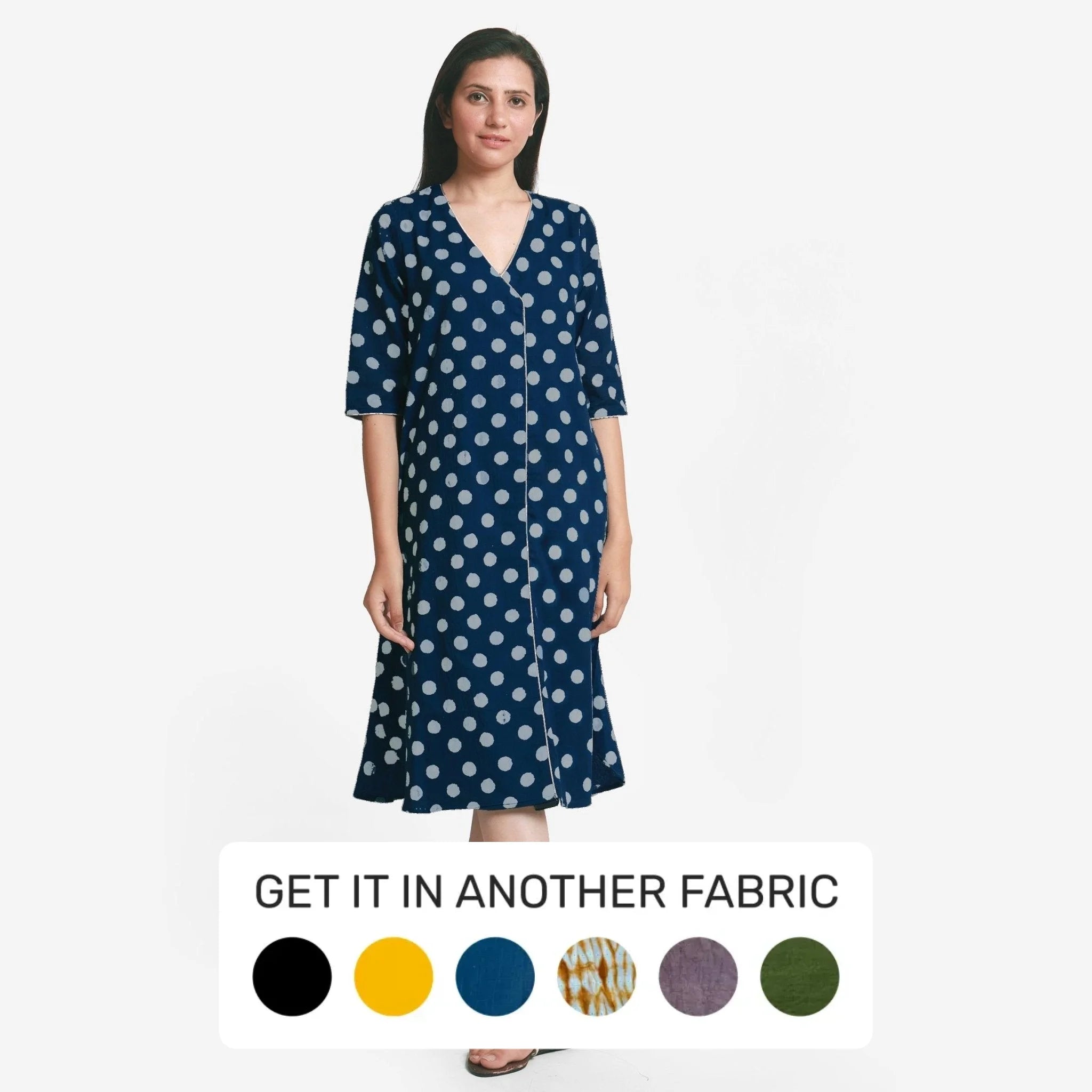 Comfortable Tops Indigo Polka Dot Block Print Cotton Midi Dress