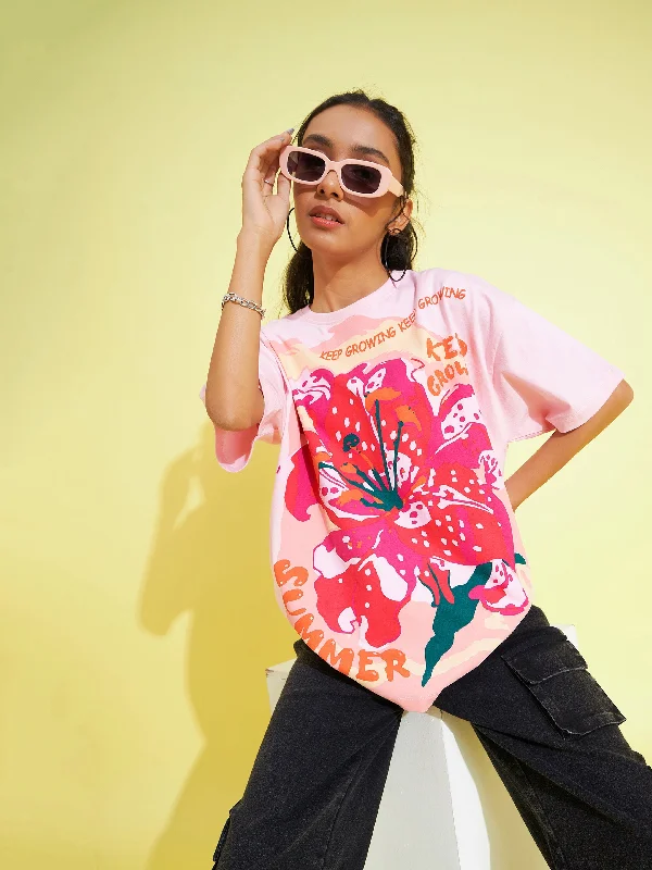 Luxe Comfort Girls Pink Floral Print Oversized T-Shirt