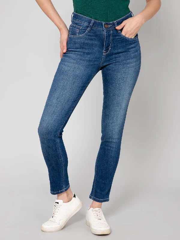 Girl Style Women's Casual Skinny Fit Mercerised Blue Medium Fade Mid rise Jeans